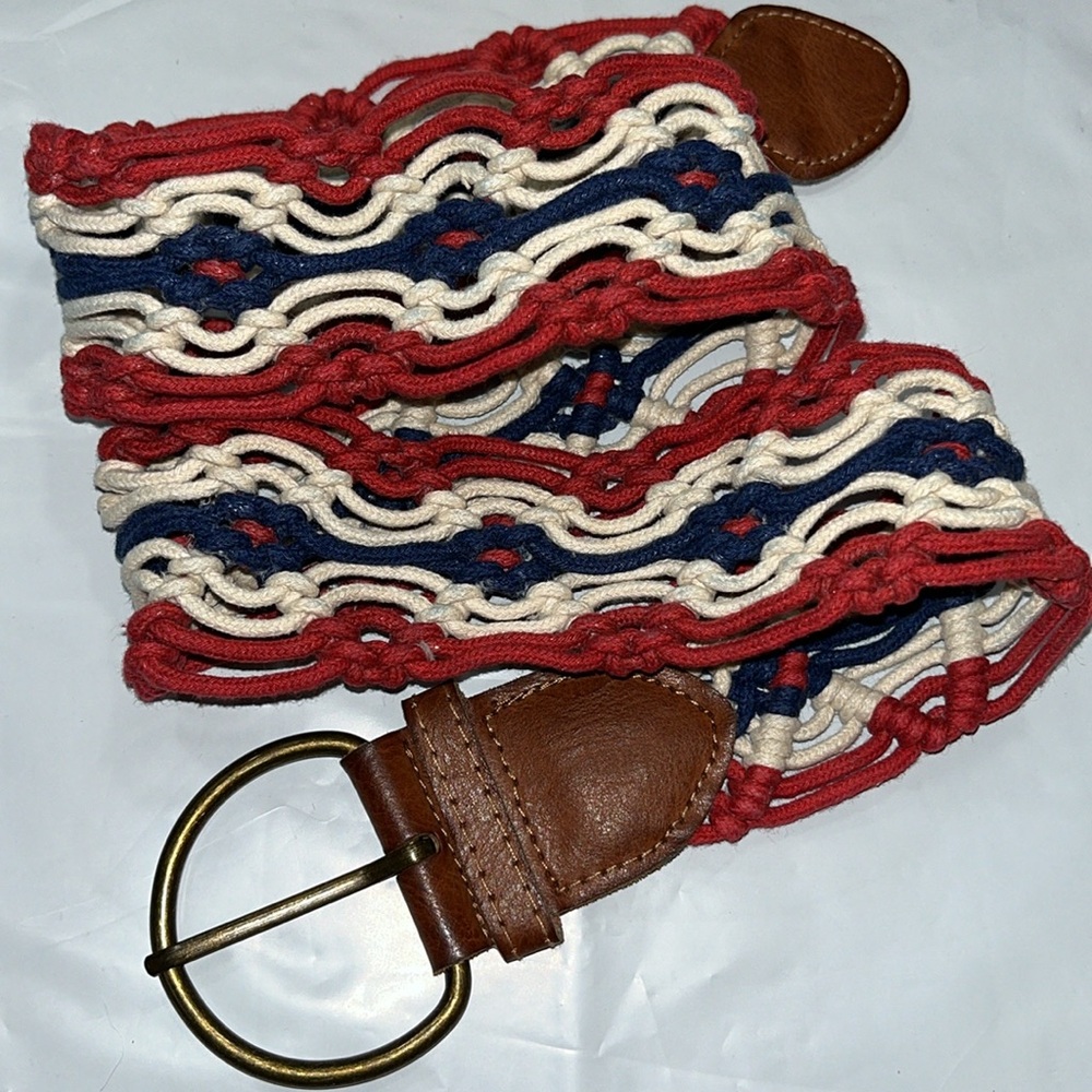 red white blue BELT USA America macrame woven strands ROUND copper buckle 34”